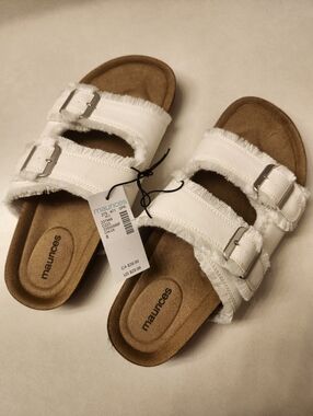 Maurices White Frayed Double-Buckle Slide Sandals Size 8 NWT